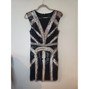Aidan Mattox Women's Cocktail Dress Size 6 Black Silver Sequined Mini Sheath